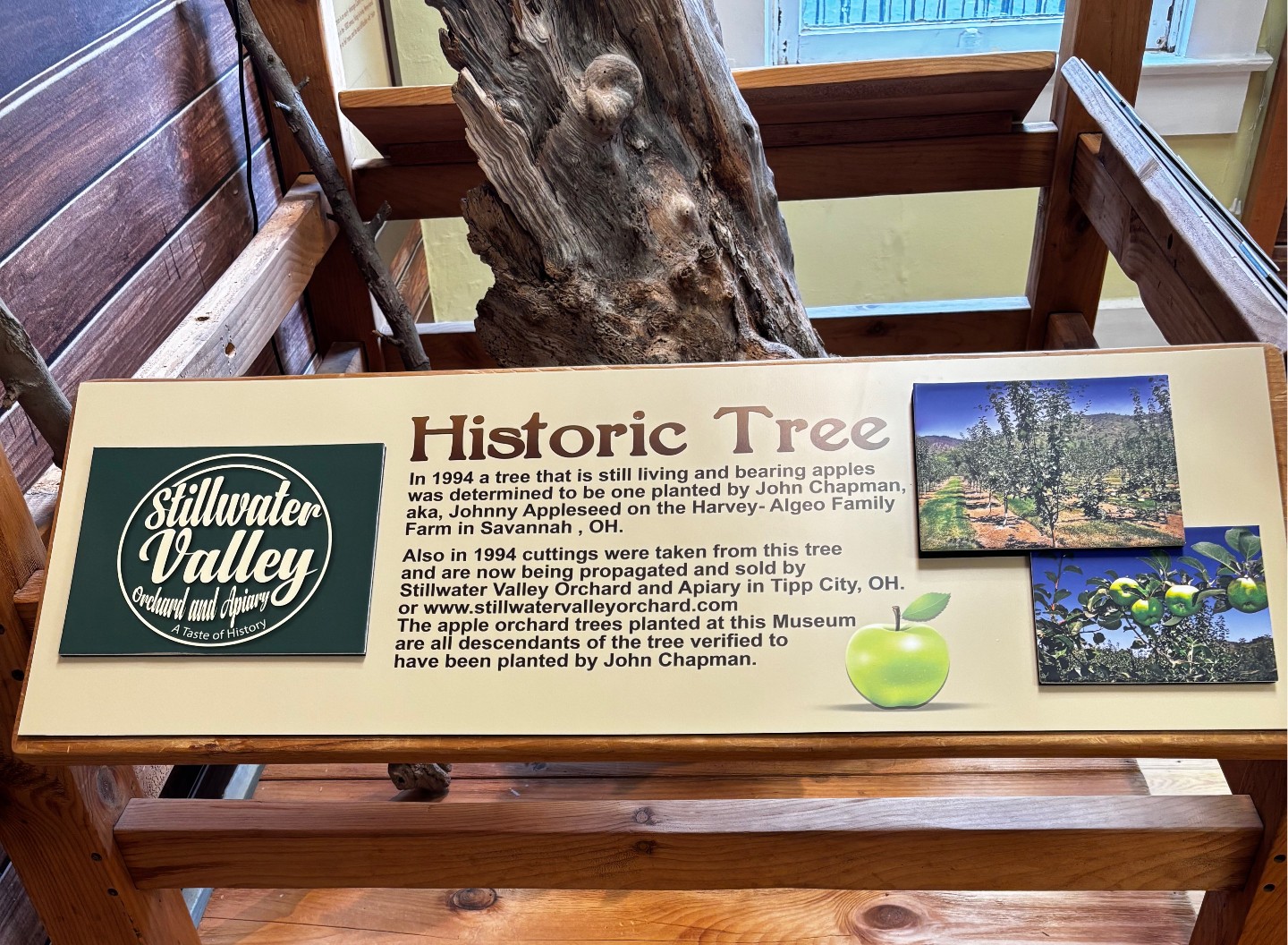 Historic Johnny Appleseed tree trunk and museum display